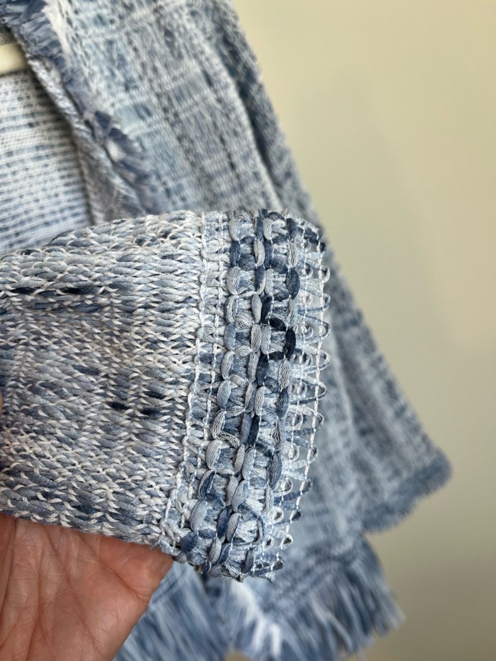 White House Black Market Blue Fringe Cardigan Open Front Tweed Jacket Size M - Picture 8 of 12